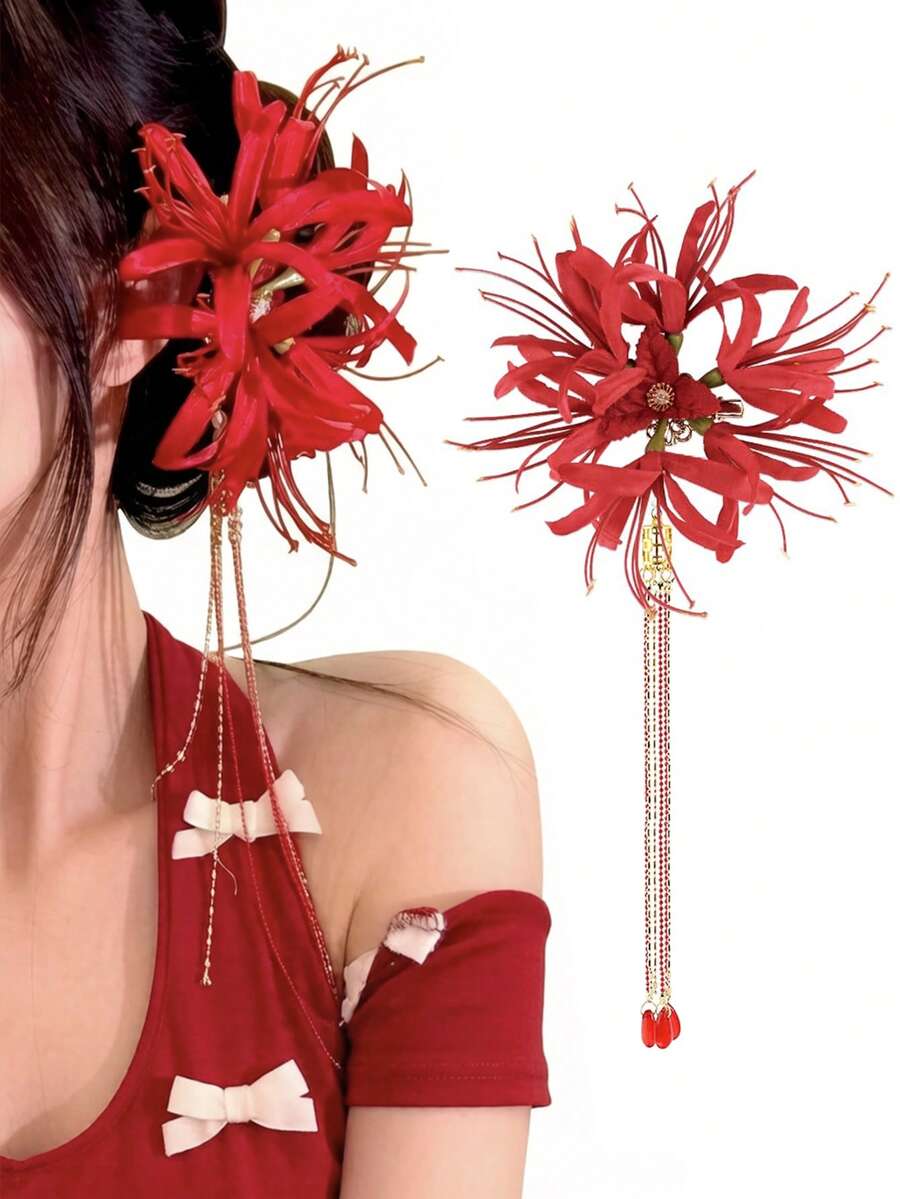 1pc Red Spider Lily Flower Hair Clips For Women Tassel Flower Clips For Hair Accessories Lycoris Radiata Floral Hairclip Clip Cute Decorativ - Red - View 1