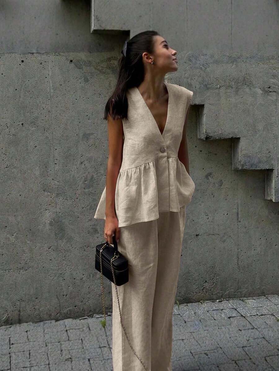 Women's 2-Piece Summer 2026 Set, Consisting Of A V-Neck Vest With Ruffled Hem And Trousers, In A Casual Yet Elegant Style, Made Of Linen, In Yellow. Casual Outfit. - 杏 - 查看 1