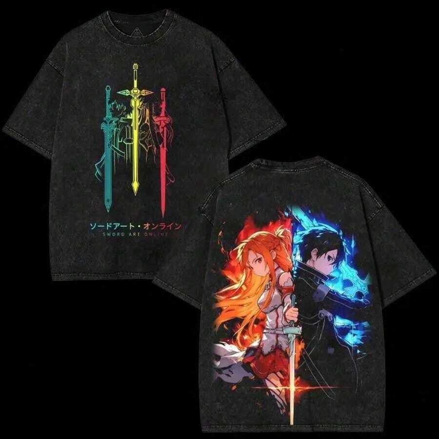 s Lados, de Talla Grande, Lavada, Estilo Casual Y2K, Unisex, de Algodón, Estilo Urbano, Ajuste Otaku, Regalo para Fanáticos del Anime, Ropa de Verano para Mujer, Camisetas Gráficas de Verano - Negro - Ver 1