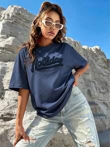 Fashion Women's Round Neck Short Sleeve T-Shirt, Embroidered "Holiday Surfboard" Lettering, Suitable For Autumn Daily Wear And Vacation Outfits - Dusty Blue - View 10