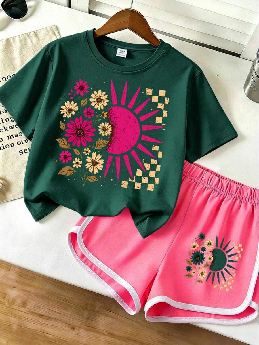 2pcs/Set Tween Girls' Set, Casual Street Style Graphic Short Sleeve T-Shirt Elastic Waist Shorts, Girls' Vacation Outfit Set, Floral - Dark Green - View 1