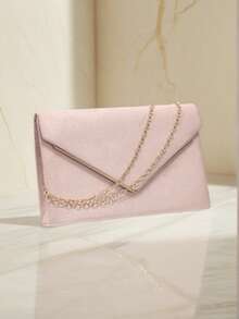 Pink Women's Evening Bag, Envelope Design, Party Wedding Girls Handbag With Chain Shoulder Strap Clutch, Velvet Fashion Wallet - Pink - View 3