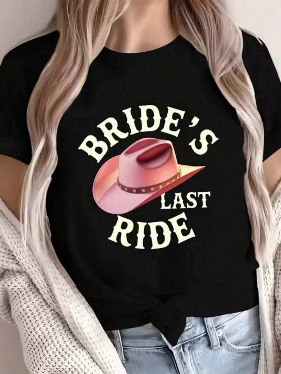 Women's Graphic Print T-Shirt, 100% Cotton Short Sleeve T-Shirt For Women, "The Bride's Last Ride" T-Shirt – Cowboy Hat Print, Western Style - 黑色 - 查看 1