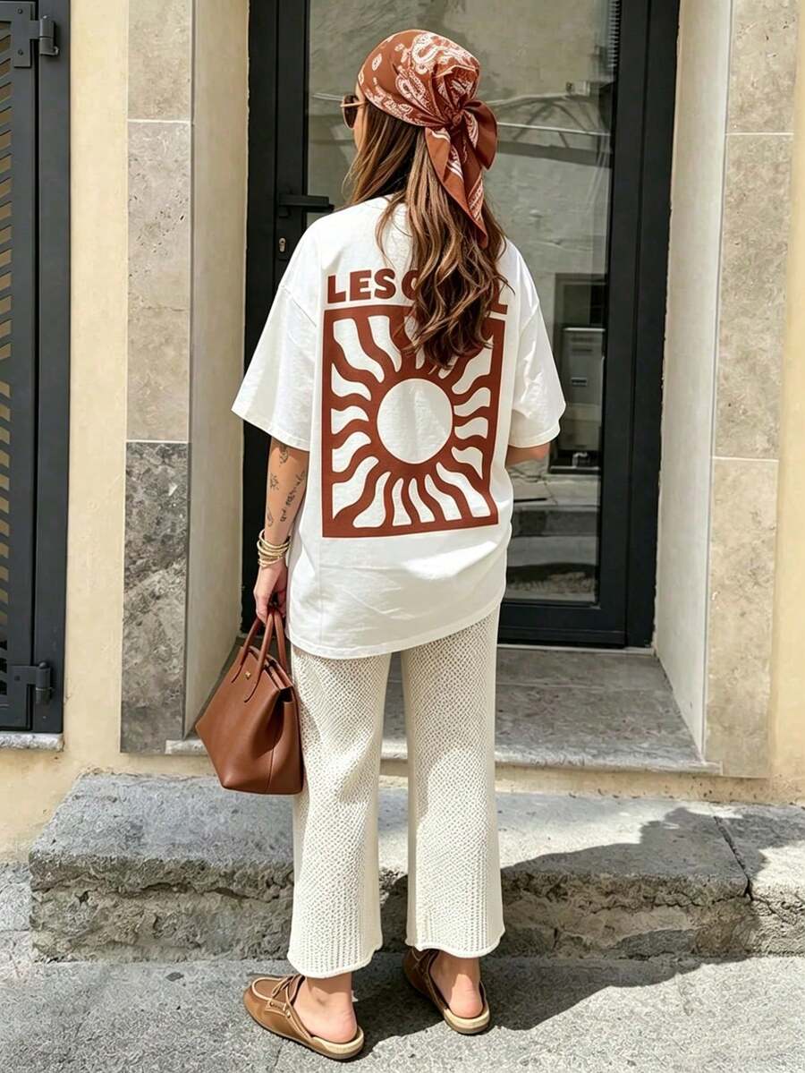 向日葵圖案度假四季款大尺碼女款休閒圓領短袖T恤,白色夏季返校季上衣 - 白色 - 查看 1
