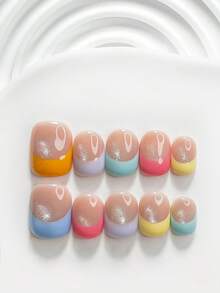 10pcs Dopamine Style Handmade Press-On Nails, Poly Gel Nail Art Set, Colorful French Manicure, Orange, Purple, Blue, Pink Nail Polish, Sweet & Cool Style, Includes Nail Art Tools, 3 Sizes Available, Square, Short Square, Almond Shape, Suitable For Party, Dance, Daily Wear - 彩色 - 查看 2