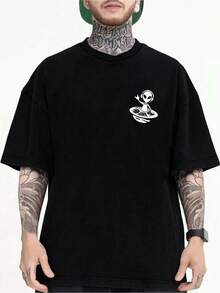 Camiseta Gráfica Inspirada en Extraterrestres para Hombre - Camiseta Casual y Elegante de Manga Corta con Cuello Redondo y Estampado de OVNI y Extraterrestres, de Poliéster Ligero, Perfecta - Negro - Ver 1