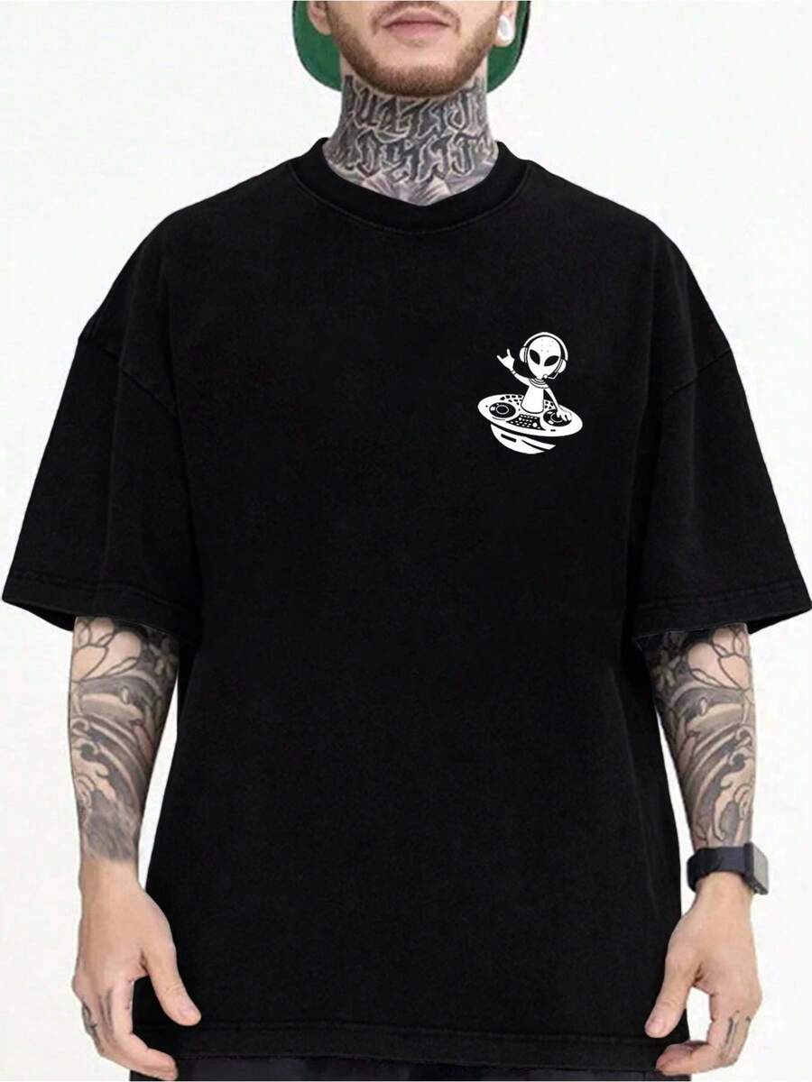 Camiseta Gráfica Inspirada en Extraterrestres para Hombre - Camiseta Casual y Elegante de Manga Corta con Cuello Redondo y Estampado de OVNI y Extraterrestres, de Poliéster Ligero, Perfecta - Negro - Ver 1