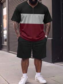 Men Plus Size Top, Summer Short Sleeve Zipper T-Shirt, Color Block Design Casual - Multicolor - View 5