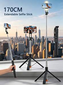 170cm Extendable Selfie Stick Tripod With Fill Light, One-Click 360° Rotating Phone Holder With Detachable Bluetooth Remote, Portable Live Streaming Blogger Travel Tripod - Type a - View 2