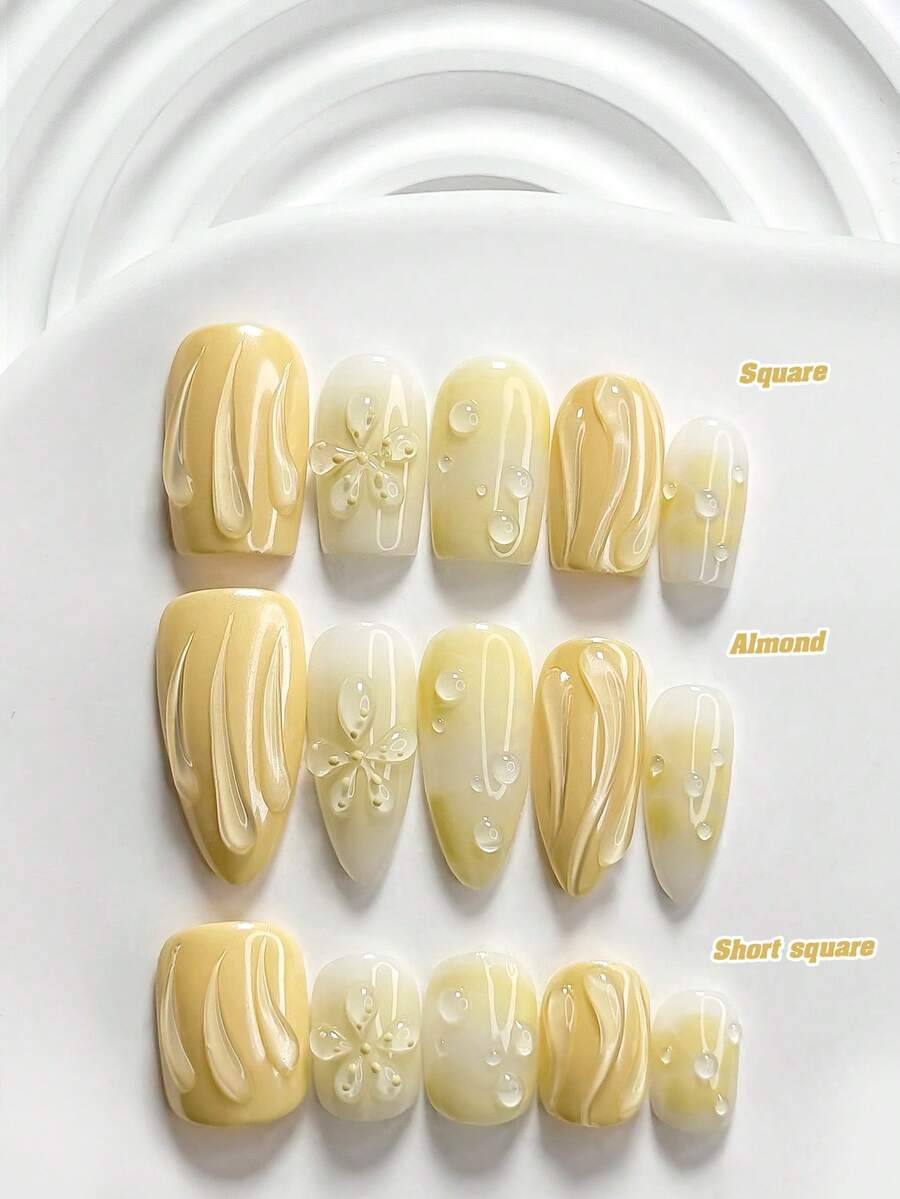 10片裝休閒風手工穿戴甲,Polygel美甲套組,水波紋花卉圖案,黃色指甲油,清新優雅風,附美甲工具,3種尺寸可選,方型/短方型/杏仁形,適合派對、跳舞、日常配戴 - 彩色 - 查看 1