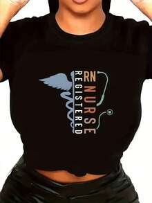 Women's Registered Nurse (RN) Stethoscope Graphic T-Shirt - Casual Crew Neck Short Sleeve Top, Relaxed Breathable Summer Tee, Machine Washable Shirt For Casual Wear - 黑色 - 查看 1