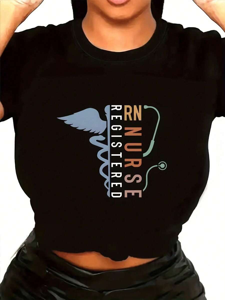 Women's Registered Nurse (RN) Stethoscope Graphic T-Shirt - Casual Crew Neck Short Sleeve Top, Relaxed Breathable Summer Tee, Machine Washable Shirt For Casual Wear - 黑色 - 查看 1