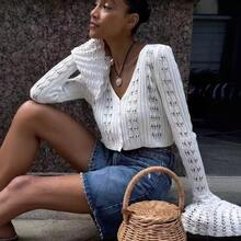 Novedades 2025: chaqueta de punto calada para mujer, de manga larga, cuello en V y color liso; top de punto corto de color liso - Blanco - Ver 2