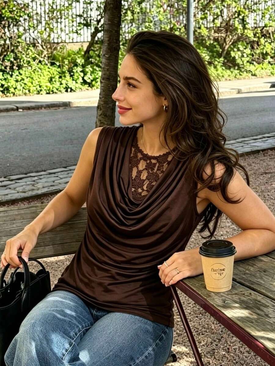 Women's Summer Commute Lace Blouse, Lace Trim Fitted Design, Draped Short Sleeve - Coffee Brown - View 1