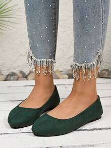 Minimal Solid Suede Round Toe Slip On Casual Ballet Flat Shoes - Dark Green - View 5
