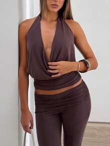 Women Cowl Neck Halter Tops Draped Front Low Cut Backless Tank Top Ruched Open Back Going Out Tops - Coffee Purple - View 4