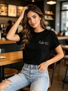 Women'S Christian Bible Verse T-Shirt  God Is In Her Heart, She Will Not Fall  - Psalm 46 5   Casual Short Sleeve Round Neck Top, Suitable For Church - 黑色 - 查看 4