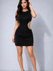 Women's Waist Cutout Short Dress - Black - View 5