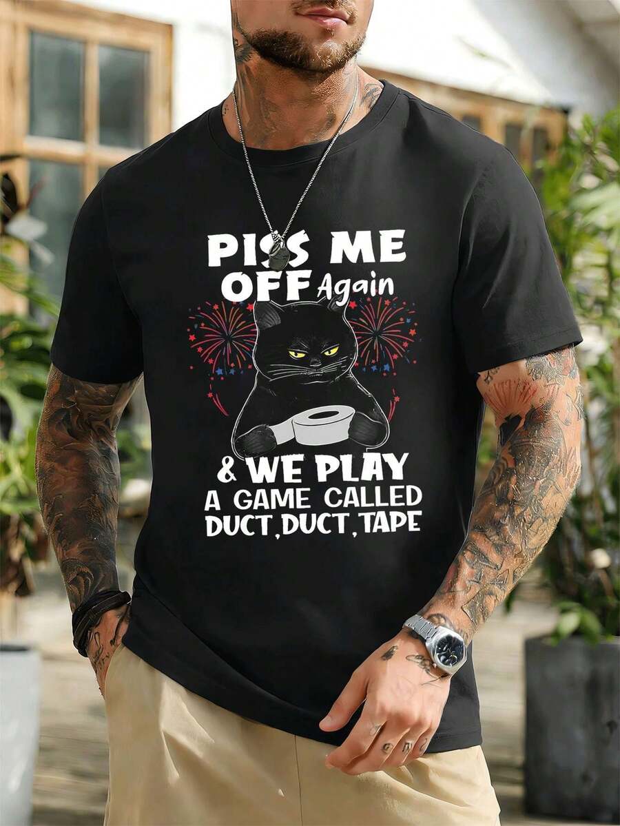 Di v ertida camiseta para ho mb re con eSt a mpado de un gato enfadado. Tejido de calidad, cuello redondo, corte holgado, eSt a mpado artístico. - Negro - Ver 1