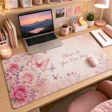 1pc Pink Butterfly Floral Mouse Pad, Bloom In Your Own Way Large Desk Mat, Anti-Slip Keyboard Pad, Suitable For Office, Gaming, Girls Desktop Decor - View 3