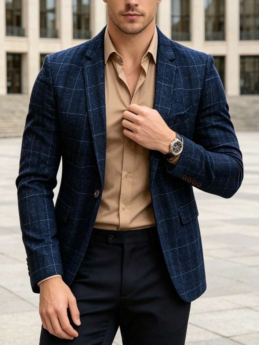 男士復古老錢風紋理西裝外套,商務休閒,適合日常通勤 - 藏蓝色 - 查看 1