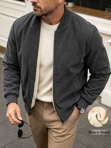 Men's Winter Thermal Lined Corduroy Fabric Simple Versatile Baseball Collar Jacket, Suitable As Gift For Friends, Husbands, Boyfriends - Black - View 3