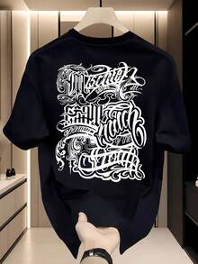 Men's Pure Cotton Short-Sleeved T-Shirt, Fashionable Calligraphy Print, Gothic Design, Breathable And Comfortable, Suitable For Daily Wear - 白色 - 查看 7