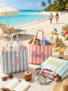 1pc Personalized Name Striped Beach Tote Bag, Customized Name Summer Pool Handbag, Large Capacity Vacation Shopping Shoulder Bag, Suitable For Travel And Daily Use, Monogrammed - Multicolor - View 1