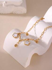 1 Peça Pulseira Minimalista Fashion com Pingente de Flor de Concha Branca, Corrente de Aço Inoxidável Banhada a Ouro, Adequada para Uso Diário de Mulheres - Multicolorido - Visão 2