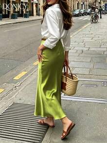DONICY 女款優雅綠色緞面美人魚中長裙，亮面面料配高腰與喇叭裙襬，適合春季約會與辦公穿著 - 綠色 - 查看 2