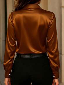 Women's New Arrival Satin Button-Down Shirt, Fashionable, Versatile, Suitable For All Seasons Spring - Brown - View 3