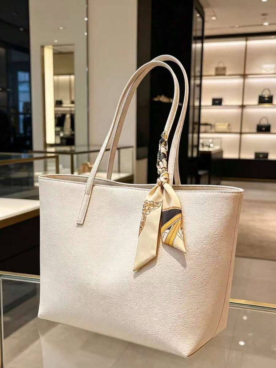 1件黑色與金色金屬扣圍巾托特包,奢華高端,Ins熱門風格,通勤優雅,小眾設計,百搭時尚,質感精緻,適合辦公室通勤、商務會議、購物商場、與朋友下午茶、晚宴、週末出遊、咖啡廳探訪、婚禮穿搭,都市洗鍊女性,肩背托特包,精細PU皮革,金屬扣,對比色圍巾,對比縫線 - 白色 - 查看 1