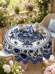 Multiple Sizes Available, Including Polyester Round/Rectangular Tablecloths, Blue And White Floral Pattern, Suitable For Kitchen, Wedding, Outdoor Party, Birthday, Spring, Summer, Autumn, Winter And Home Dining Table Decoration - Multicolor - View 6