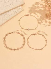3pcs/Set Classic Popular Small Flower Chain Decor Fashion Rhinestone Four-Leaf Clover Women's Anklet Jewelry Suitable For Daily Wear, Beach Travel And Date Wear, Handmade Chain Cut To Length With Variable Number Of Links - Gold - View 2