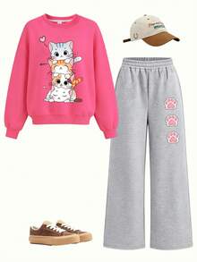 2pcs/Set Girls Casual Outfit, Cute Cat Print Sweatshirt + Long Pants, Soft Fabric, Suitable For Daily Wear And School - Hot Pink - View 2