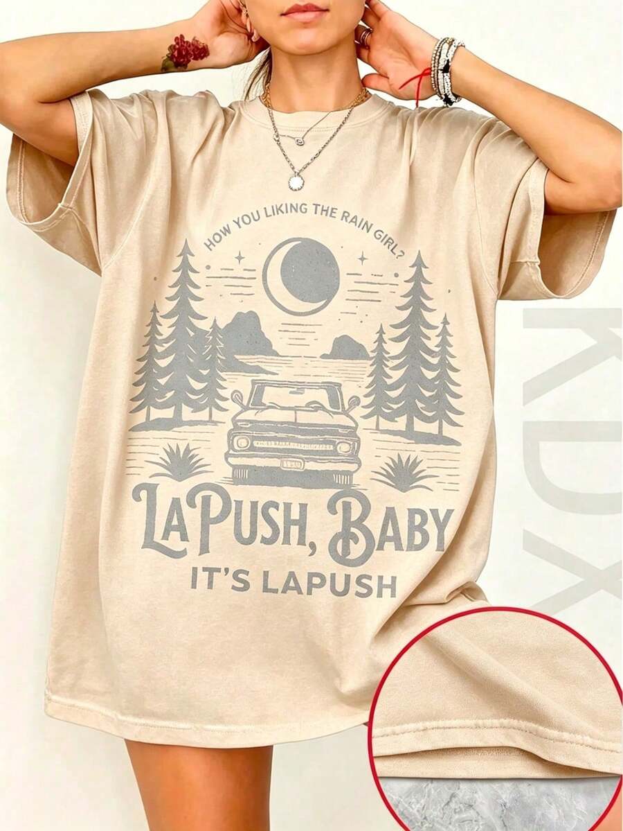 Women's New Summer Cotton T-Shirt, Vintage Washed Forest Landscape Print, Breathable Men's T-Shirt For Casual Everyday Couple Outfits - 杏色 - 查看 1