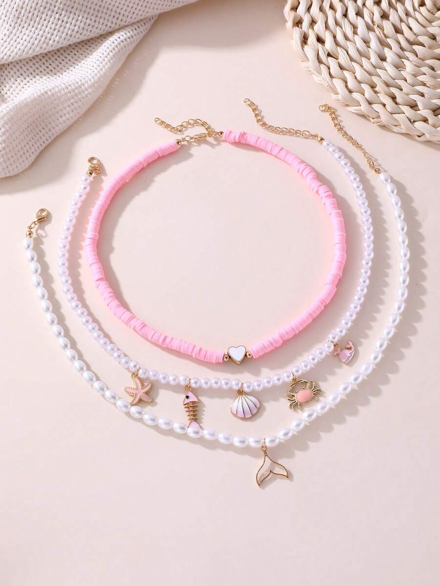 3pcs Girls Seed Bead Ocean Theme Shell Starfish Conch Pearl Necklace Set Combination Suitable For Daily Decoration, Vacation Decoration - Pink - View 1