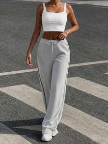 Women's Wide-Leg Cream Ribbed Trousers With Drawstring And Side Seam Details, Casual And Comfortable Style. Occasions: Office, Dates, Informal Events, Everyday Activities - 灰色 - 查看 2