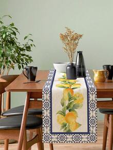 1 Pc Lemon And Floral Print Table Runner Farmhouse Style Polyester Rectangle Wrinkle Resistant Non Slip Table Runner For Dining Room Kitchen Summer Decor - Yellow - View 1