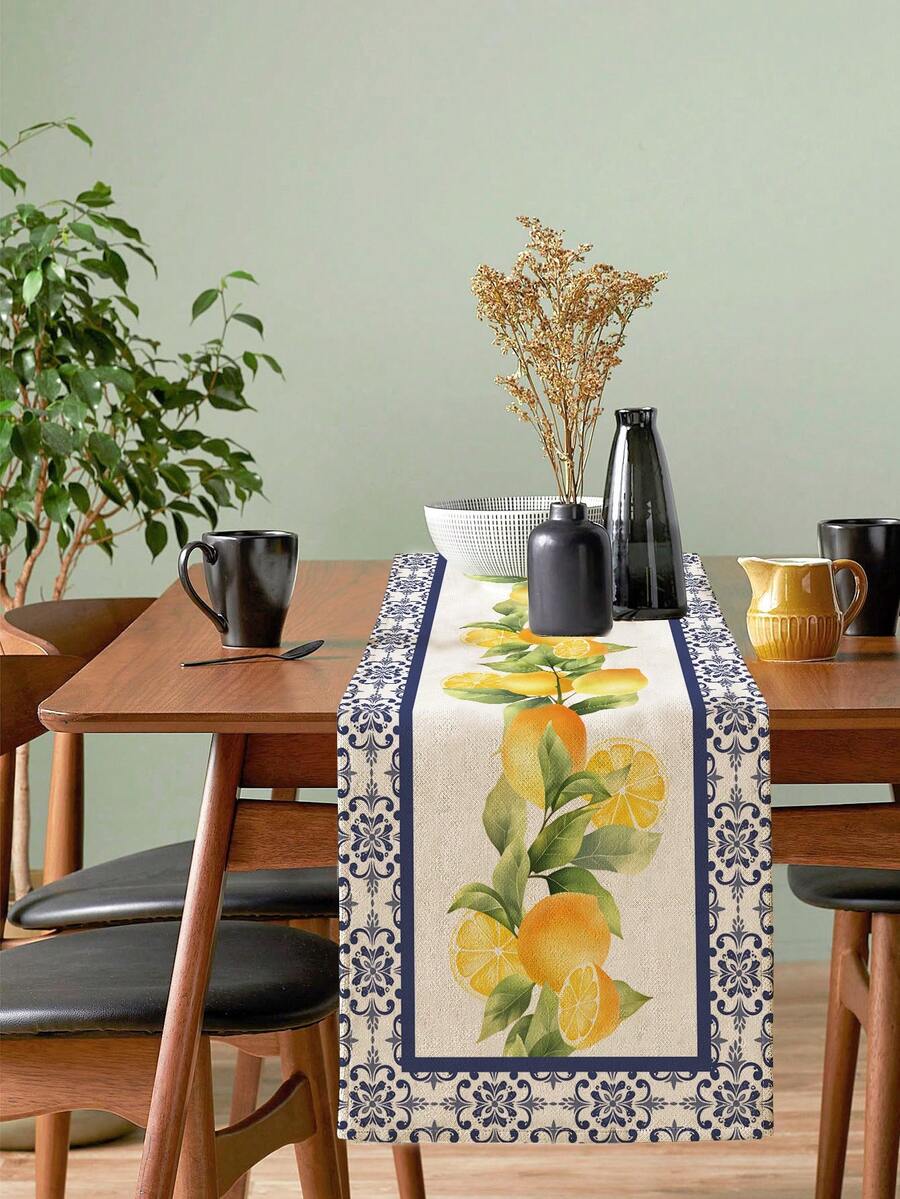 1 Pc Lemon And Floral Print Table Runner Farmhouse Style Polyester Rectangle Wrinkle Resistant Non Slip Table Runner For Dining Room Kitchen Summer Decor - Yellow - View 1