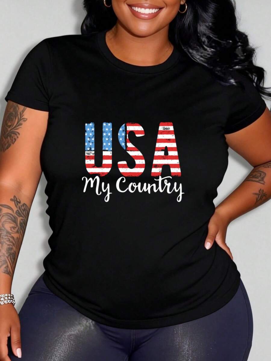 Plus Size T-Shirt With American Style Print, Elegant Black Round Neck Top. - Black - View 1