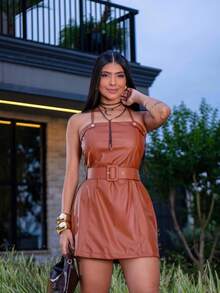 Women's Short Dress Jumpsuit Faux PU Leather With Elegant Belt - 駝色 - 查看 3
