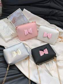 Bolso de hombro minimalista de unicolor con cierre de cremallera, bolso bandolera de tela PU con decoración de lazo, mochila pequeña ligera, monedero, adecuado para uso diario - A - Ver 1