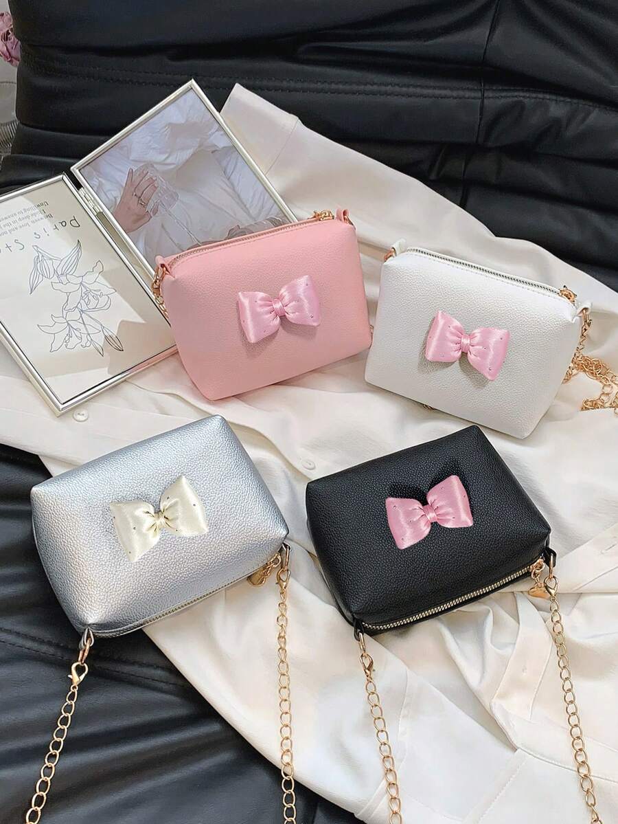 Bolso de hombro minimalista de unicolor con cierre de cremallera, bolso bandolera de tela PU con decoración de lazo, mochila pequeña ligera, monedero, adecuado para uso diario - A - Ver 1
