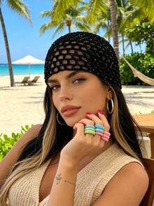 1pc Women's Spring/Summer Thin Hollow Out Sequin Decor Handmade Crochet Knit Hat, Suitable For Spring/Summer/Autumn Daily Outdoor Outfits, Random Sequin Color - Small Sequin Cutouts - View 8