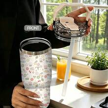 1/5 pezzi Boccale isolato in acciaio inossidabile da 30 oz con grande capacità, mini motivi colorati di frutta e fiori, manico pieghevole comodo, coperchio a ribaltamento a tenuta stagna, ritenzione prolungata di caldo e freddo, adatto per ufficio, picnic, sport e regalo di compleanno - Floreale - Visualizzare 6
