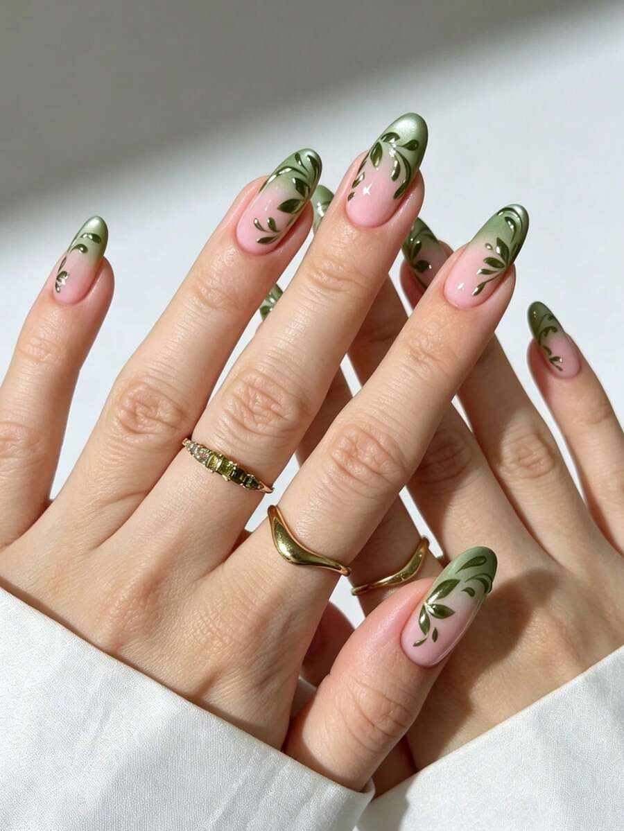 金綠色長杏仁形穿戴式假指甲-手工3D鼠尾草綠貓眼花卉假指甲,春季貼片式閃亮磁吸設計,適合女性,24片裝 - 彩色 - 查看 1