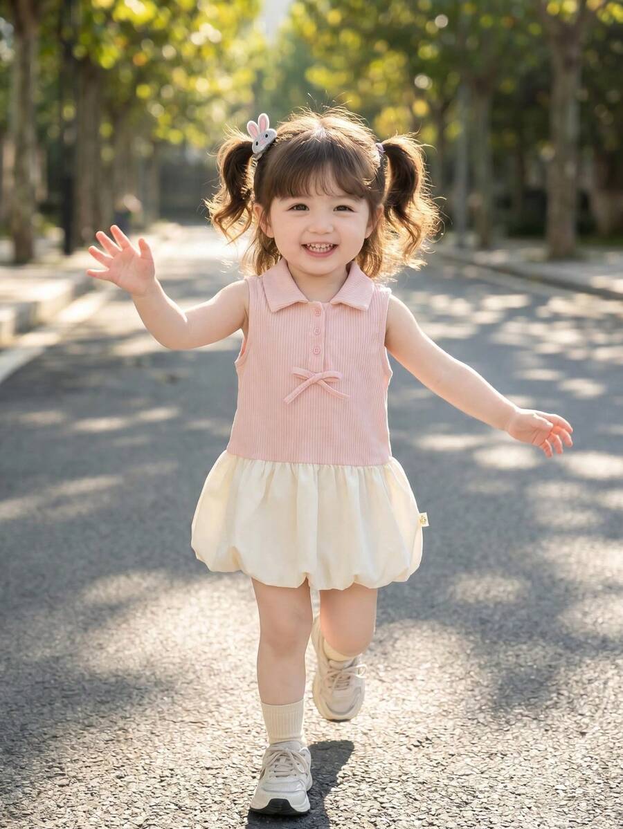 夏季女婴无袖撞色拼接连衣裙,甜美假日装扮 - 粉色 - 查看 1