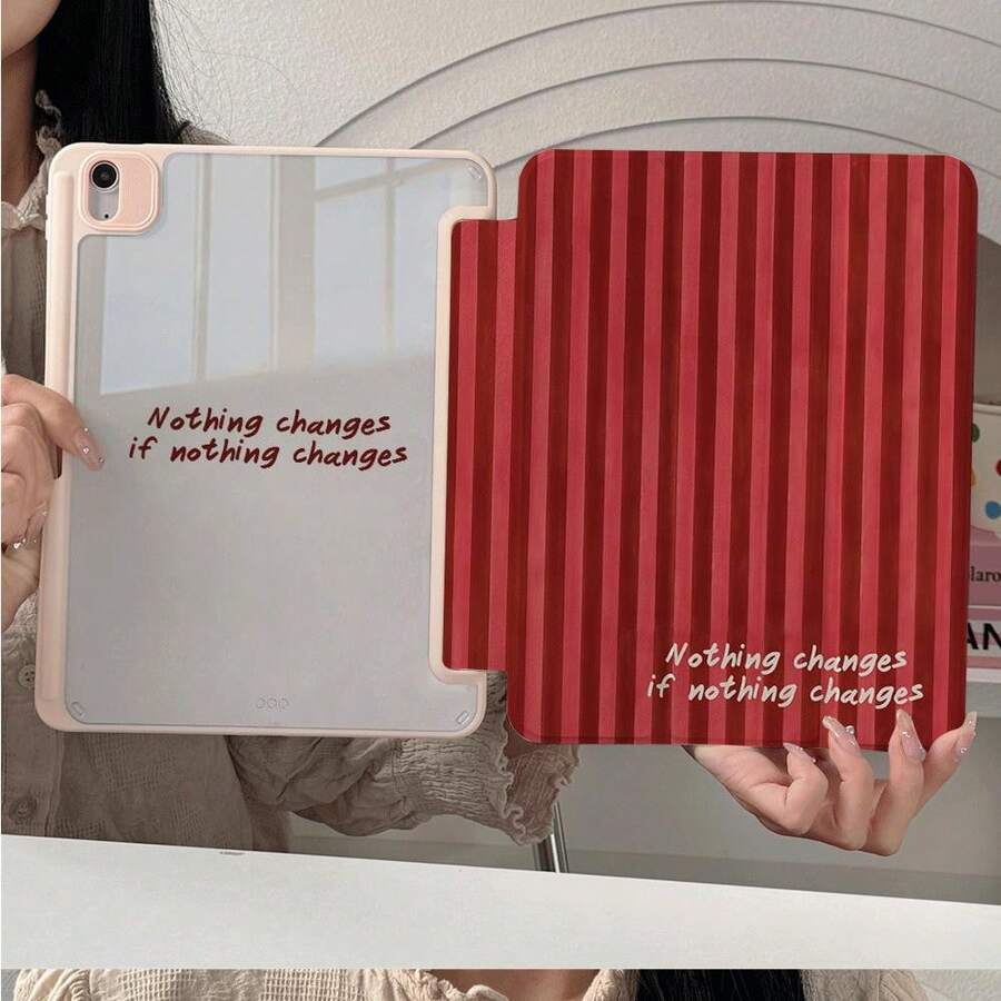 1個紅色直條紋「Nothing Changes If Nothing Changes」字母印花透明背板平板保護殼,附筆槽、多角度磁吸支架,支援自動休眠/喚醒,相容於 iPad PRO/AIR、Pad 5/6/7、Matepad - 彩色 - 查看 1