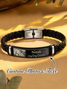1 buah Gelang Kulit Foto Kustom, Gelang Nama yang Dipersonalisasi, Aksesori Perhiasan Kustom untuk Pria, Anyaman - Hitam - View 3